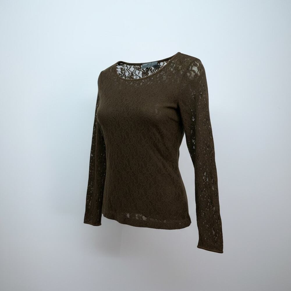 Vintage Y2K 2000s Liz Wear Brown Sheer Lace Long Sleeve Top Medium Neutral